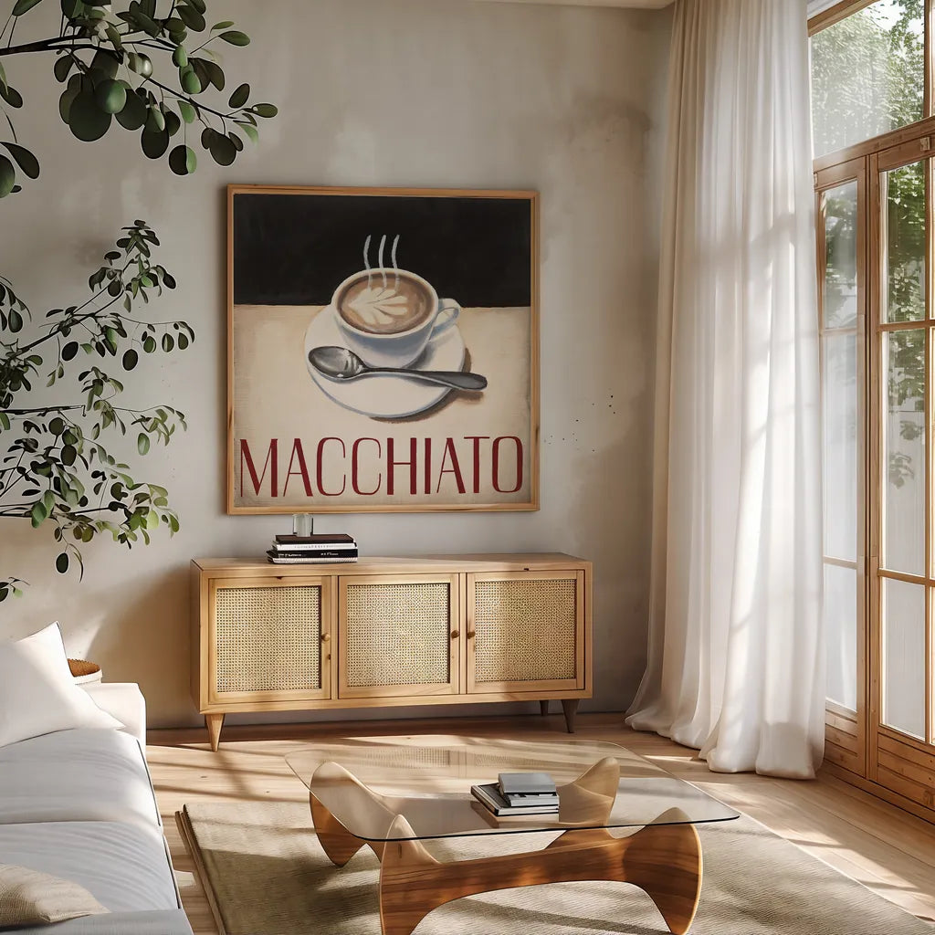 Cafe Moderne VI by Marco Fabiano. Shown in a natural wood frame in a cozy modern living room. Available as an archival giclee rolled canvas, fine art paper, or poster print. SKU 16248a.