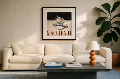 Cafe Moderne VI by Marco Fabiano. Displayed in a glass frame with matte in a clean modern living room. Available as an archival giclee rolled canvas, fine art paper, or poster print. SKU 16248a.