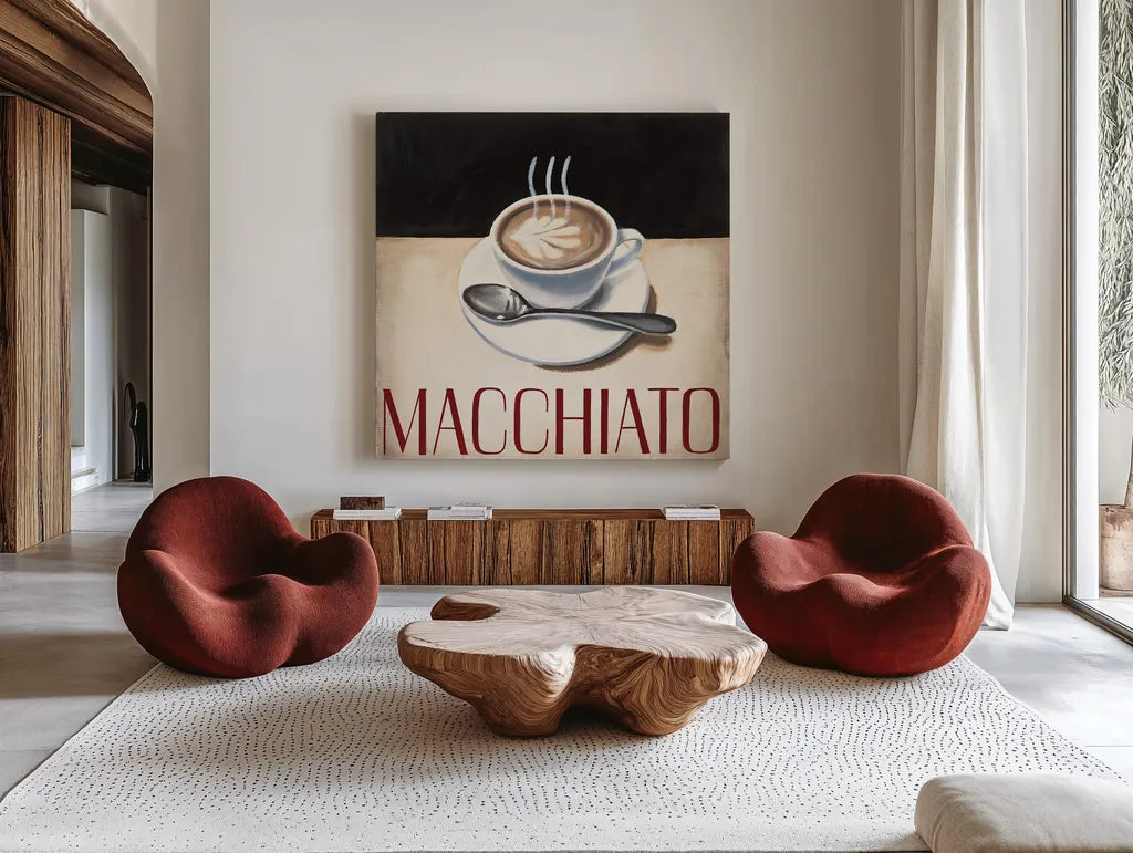 Cafe Moderne VI by Marco Fabiano. Shown as extra-large giant wall art in a modern living room. Available as an archival giclee rolled canvas, fine art paper, or poster print. SKU 16248a.