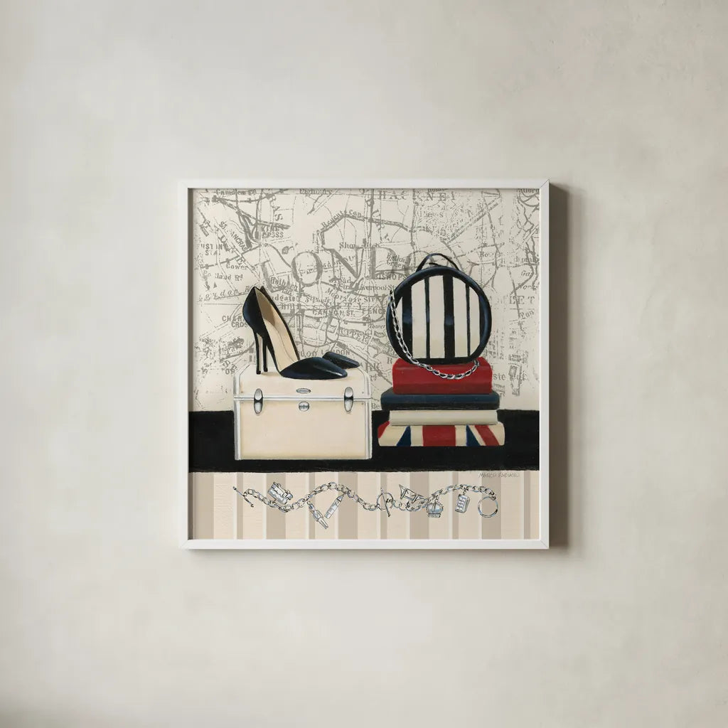 Charming Travel I by Marco Fabiano. Shown in a crisp white glass frame for a clean and minimalist style. Available as an archival giclee rolled canvas, fine art paper, or poster print. SKU 13787a.