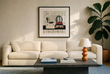 Charming Travel I by Marco Fabiano. Displayed in a glass frame with matte in a clean modern living room. Available as an archival giclee rolled canvas, fine art paper, or poster print. SKU 13787a.