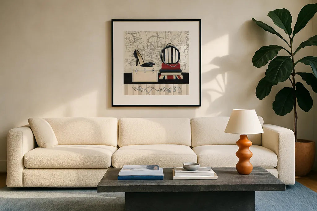 Charming Travel I by Marco Fabiano. Displayed in a glass frame with matte in a clean modern living room. Available as an archival giclee rolled canvas, fine art paper, or poster print. SKU 13787a.