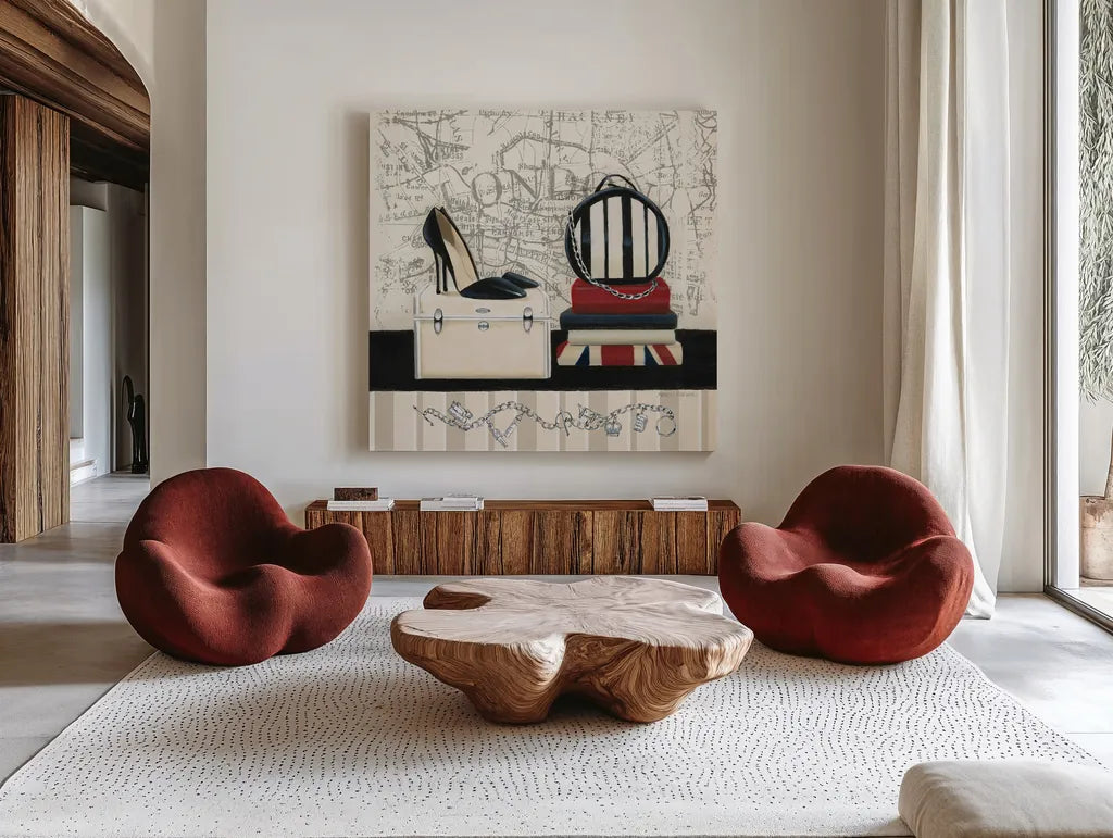 Charming Travel I by Marco Fabiano. Shown as extra-large giant wall art in a modern living room. Available as an archival giclee rolled canvas, fine art paper, or poster print. SKU 13787a.
