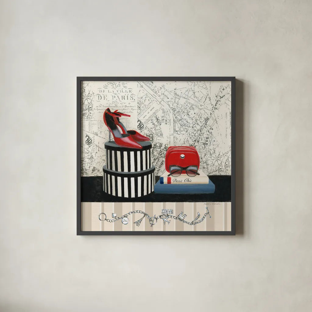 Charming Travel III by Marco Fabiano. Shown in a sleek black glass frame for a contemporary gallery look. Available as an archival giclee rolled canvas, fine art paper, or poster print. SKU 13789a.