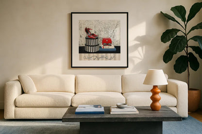 Charming Travel III by Marco Fabiano. Displayed in a glass frame with matte in a clean modern living room. Available as an archival giclee rolled canvas, fine art paper, or poster print. SKU 13789a.