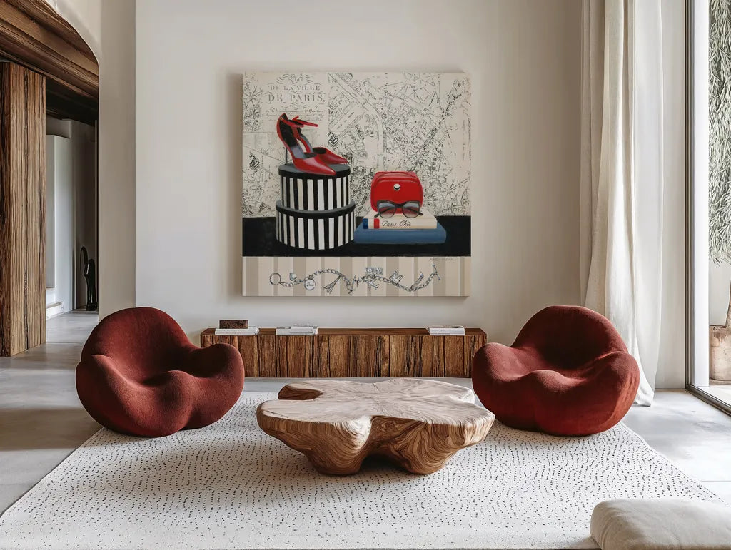 Charming Travel III by Marco Fabiano. Shown as extra-large giant wall art in a modern living room. Available as an archival giclee rolled canvas, fine art paper, or poster print. SKU 13789a.