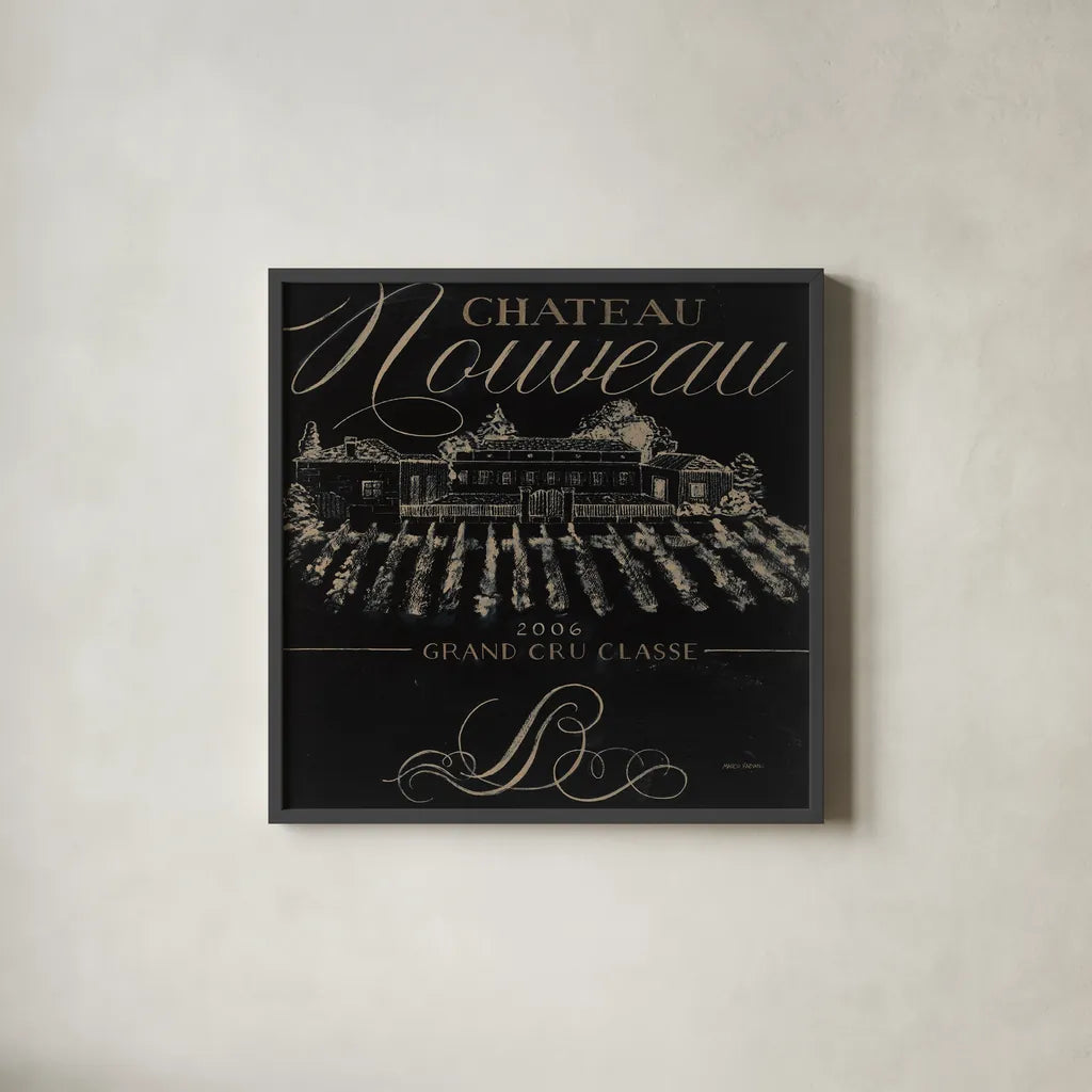 Chateau Nouveau Elements I by Marco Fabiano. Shown in a sleek black glass frame for a contemporary gallery look. Available as an archival giclee rolled canvas, fine art paper, or poster print. SKU 32755a.