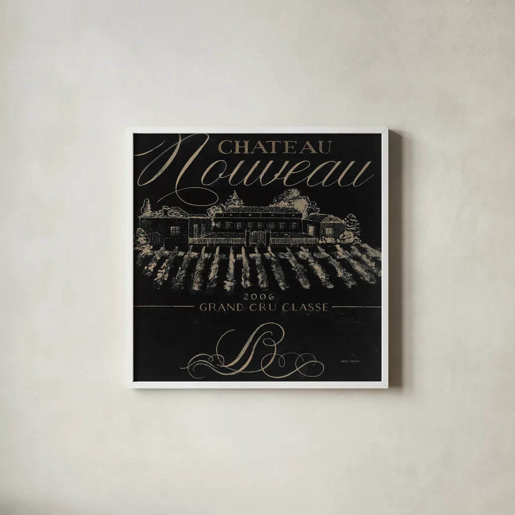 Chateau Nouveau Elements I by Marco Fabiano. Shown in a crisp white glass frame for a clean and minimalist style. Available as an archival giclee rolled canvas, fine art paper, or poster print. SKU 32755a.