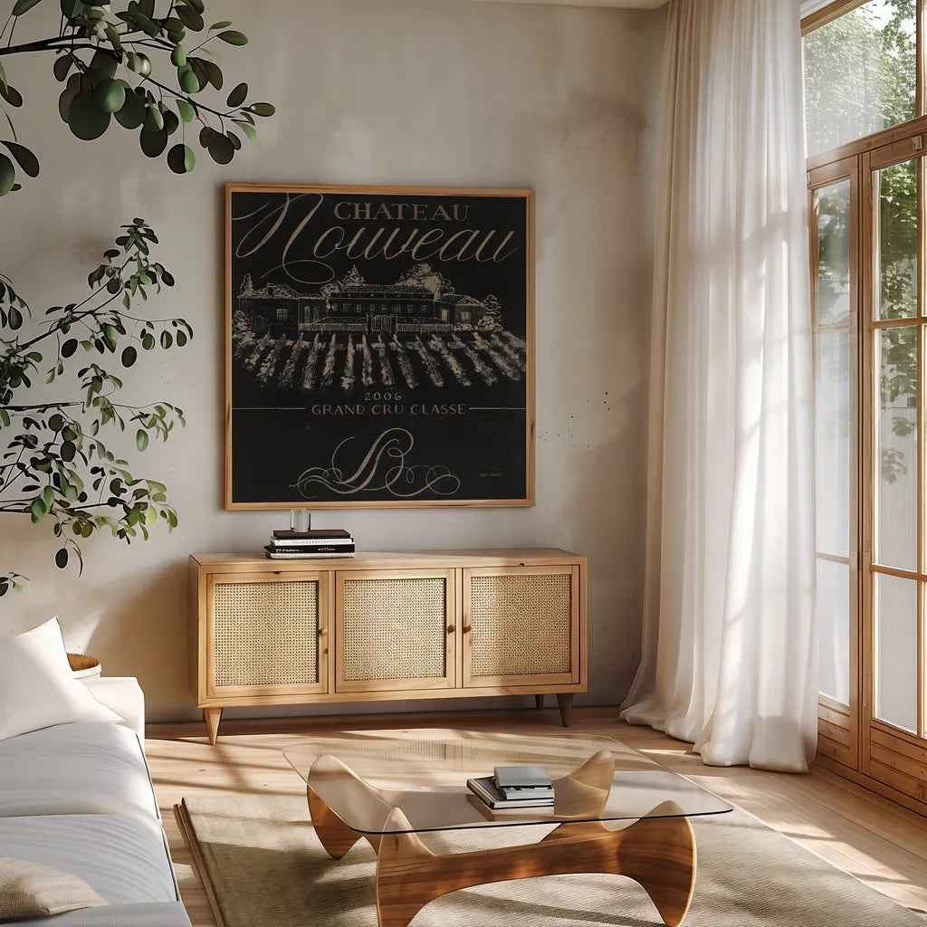 Chateau Nouveau Elements I by Marco Fabiano. Shown in a natural wood frame in a cozy modern living room. Available as an archival giclee rolled canvas, fine art paper, or poster print. SKU 32755a.