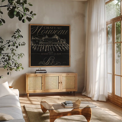 Chateau Nouveau Elements I by Marco Fabiano. Shown in a natural wood frame in a cozy modern living room. Available as an archival giclee rolled canvas, fine art paper, or poster print. SKU 32755a.