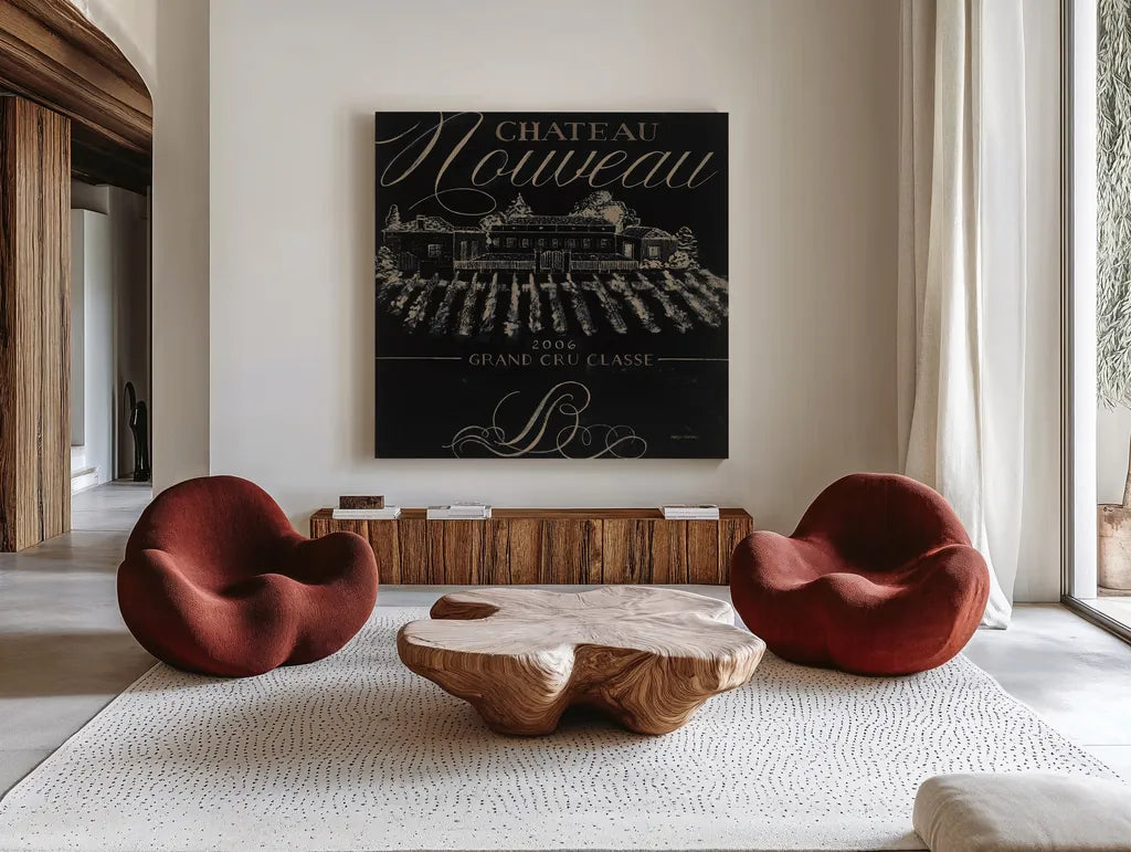 Chateau Nouveau Elements I by Marco Fabiano. Shown as extra-large giant wall art in a modern living room. Available as an archival giclee rolled canvas, fine art paper, or poster print. SKU 32755a.