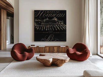 Chateau Nouveau Elements I by Marco Fabiano. Shown as extra-large giant wall art in a modern living room. Available as an archival giclee rolled canvas, fine art paper, or poster print. SKU 32755a.