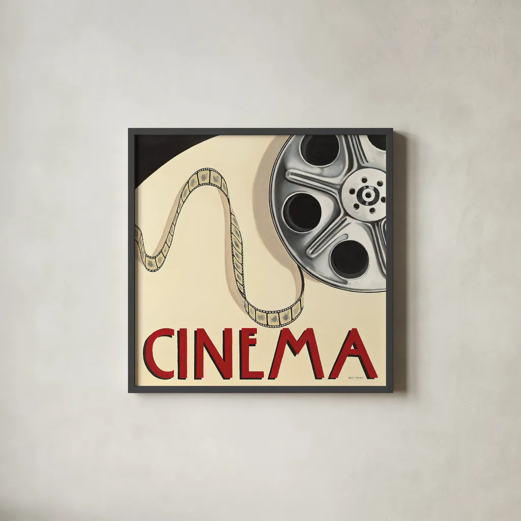 Cinema by Marco Fabiano. Shown in a sleek black glass frame for a contemporary gallery look. Available as an archival giclee rolled canvas, fine art paper, or poster print. SKU 12597a.