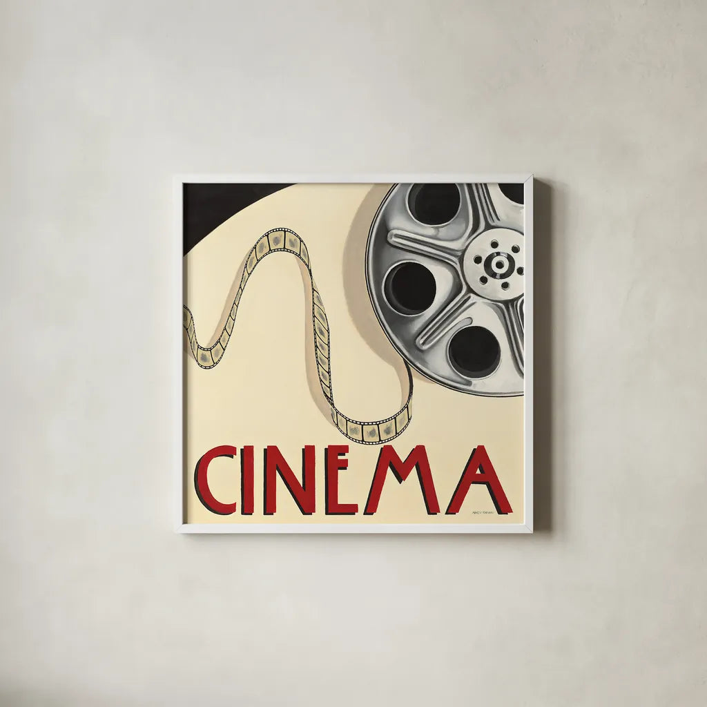 Cinema by Marco Fabiano. Shown in a crisp white glass frame for a clean and minimalist style. Available as an archival giclee rolled canvas, fine art paper, or poster print. SKU 12597a.