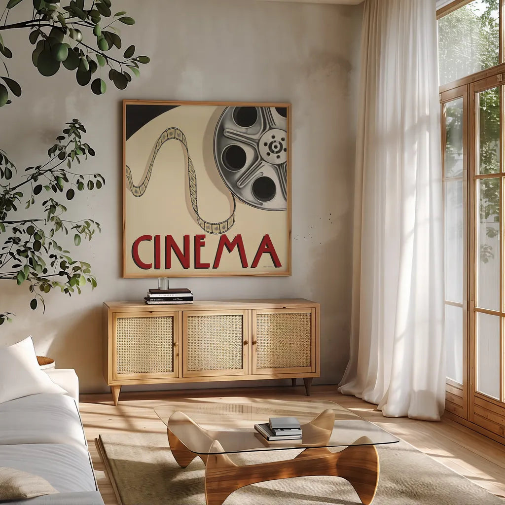 Cinema by Marco Fabiano. Shown in a natural wood frame in a cozy modern living room. Available as an archival giclee rolled canvas, fine art paper, or poster print. SKU 12597a.