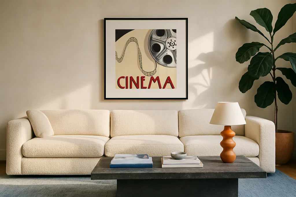 Cinema by Marco Fabiano. Displayed in a glass frame with matte in a clean modern living room. Available as an archival giclee rolled canvas, fine art paper, or poster print. SKU 12597a.