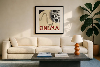Cinema by Marco Fabiano. Displayed in a glass frame with matte in a clean modern living room. Available as an archival giclee rolled canvas, fine art paper, or poster print. SKU 12597a.