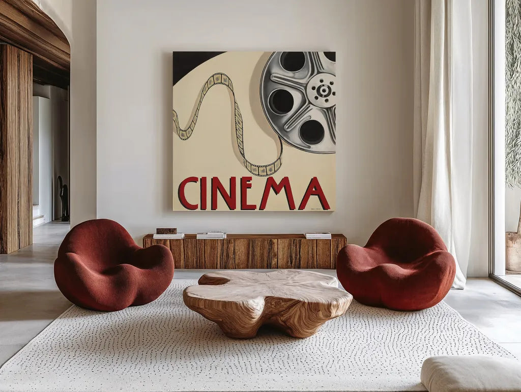 Cinema by Marco Fabiano. Shown as extra-large giant wall art in a modern living room. Available as an archival giclee rolled canvas, fine art paper, or poster print. SKU 12597a.