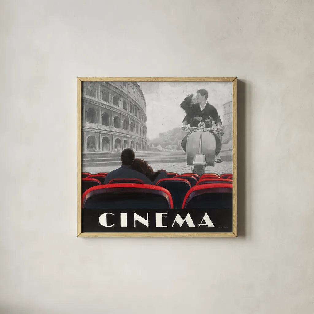 Cinema Roma by Marco Fabiano. Shown in a natural wood glass frame for a timeless modern aesthetic. Available as an archival giclee rolled canvas, fine art paper, or poster print. SKU 12463a.