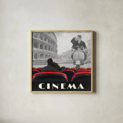 Cinema Roma by Marco Fabiano. Shown in a natural wood glass frame for a timeless modern aesthetic. Available as an archival giclee rolled canvas, fine art paper, or poster print. SKU 12463a.