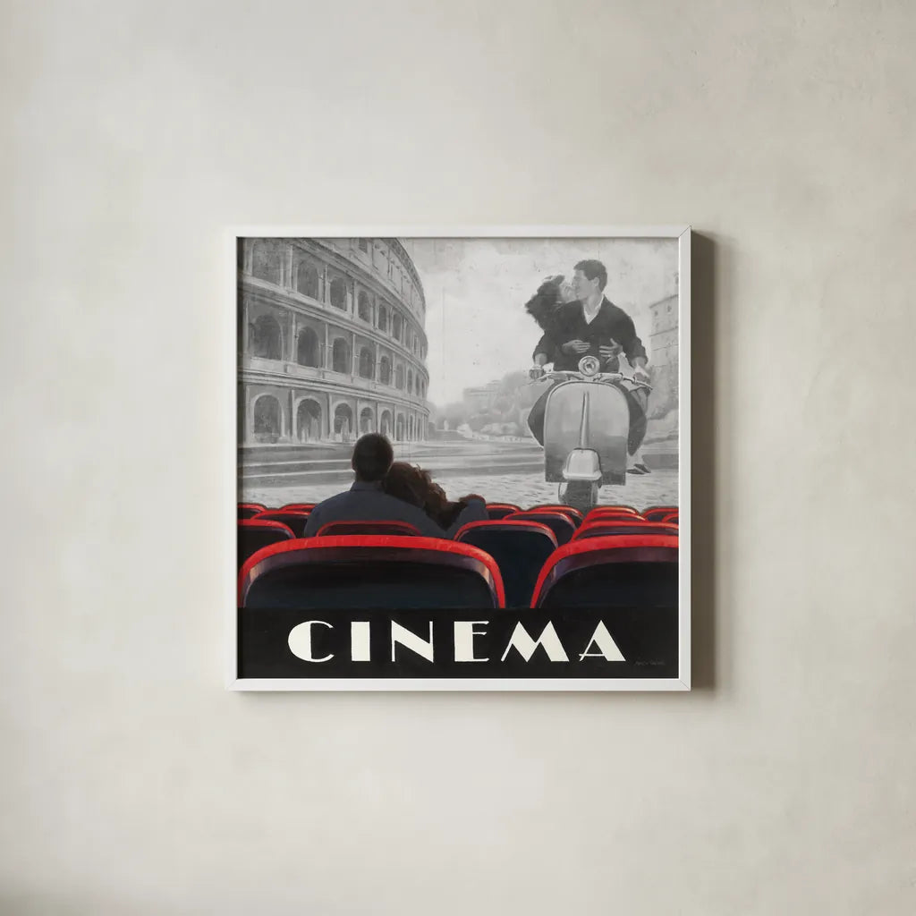 Cinema Roma by Marco Fabiano. Shown in a crisp white glass frame for a clean and minimalist style. Available as an archival giclee rolled canvas, fine art paper, or poster print. SKU 12463a.