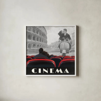 Cinema Roma by Marco Fabiano. Shown in a crisp white glass frame for a clean and minimalist style. Available as an archival giclee rolled canvas, fine art paper, or poster print. SKU 12463a.