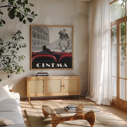 Cinema Roma by Marco Fabiano. Shown in a natural wood frame in a cozy modern living room. Available as an archival giclee rolled canvas, fine art paper, or poster print. SKU 12463a.