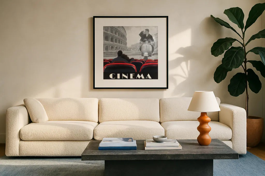 Cinema Roma by Marco Fabiano. Displayed in a glass frame with matte in a clean modern living room. Available as an archival giclee rolled canvas, fine art paper, or poster print. SKU 12463a.