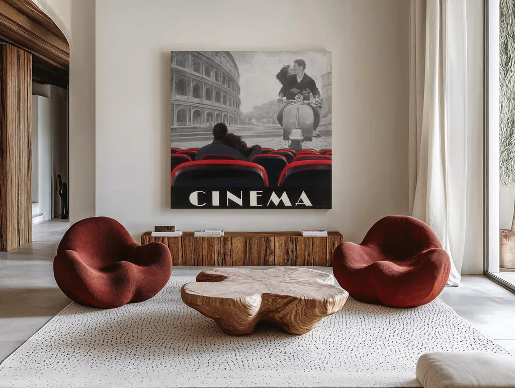 Cinema Roma by Marco Fabiano. Shown as extra-large giant wall art in a modern living room. Available as an archival giclee rolled canvas, fine art paper, or poster print. SKU 12463a.