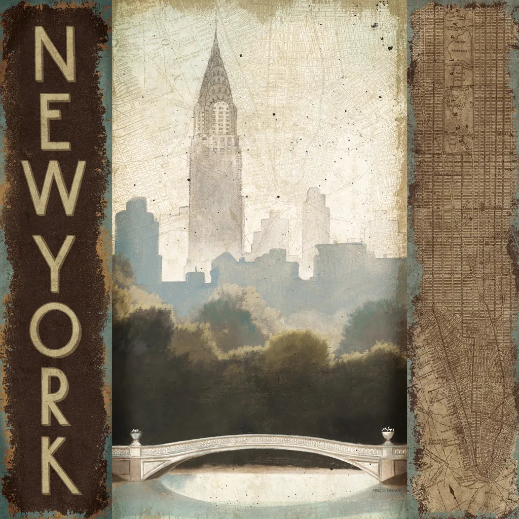 City Skyline New York Vintage Square by Marco Fabiano. SKU 12980a. Archival Giclee Fine art print for wall decor.