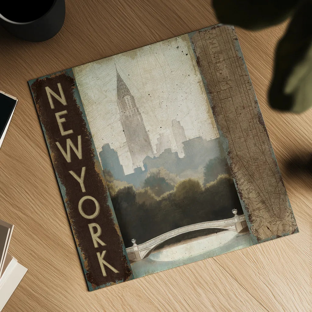 City Skyline New York Vintage Square by Marco Fabiano. Shown as a detailed flat fine art print, highlighting archival giclee quality. Available as an archival giclee rolled canvas, fine art paper, or poster print. SKU 12980a.
