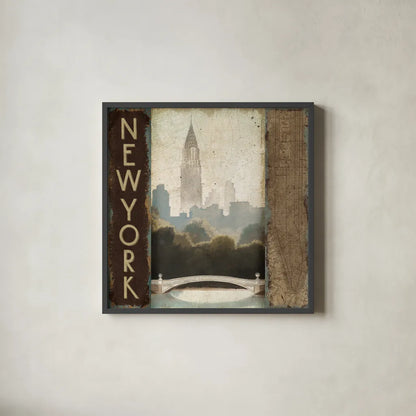 City Skyline New York Vintage Square by Marco Fabiano. Shown in a sleek black glass frame for a contemporary gallery look. Available as an archival giclee rolled canvas, fine art paper, or poster print. SKU 12980a.