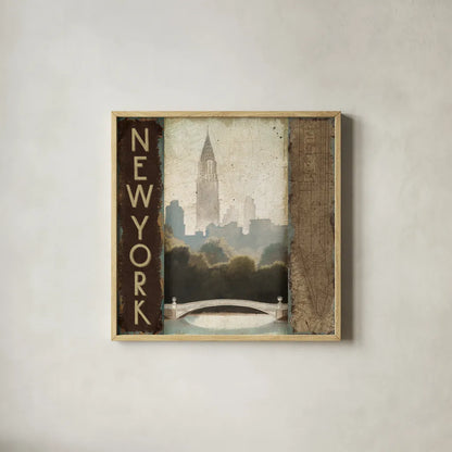 City Skyline New York Vintage Square by Marco Fabiano. Shown in a natural wood glass frame for a timeless modern aesthetic. Available as an archival giclee rolled canvas, fine art paper, or poster print. SKU 12980a.