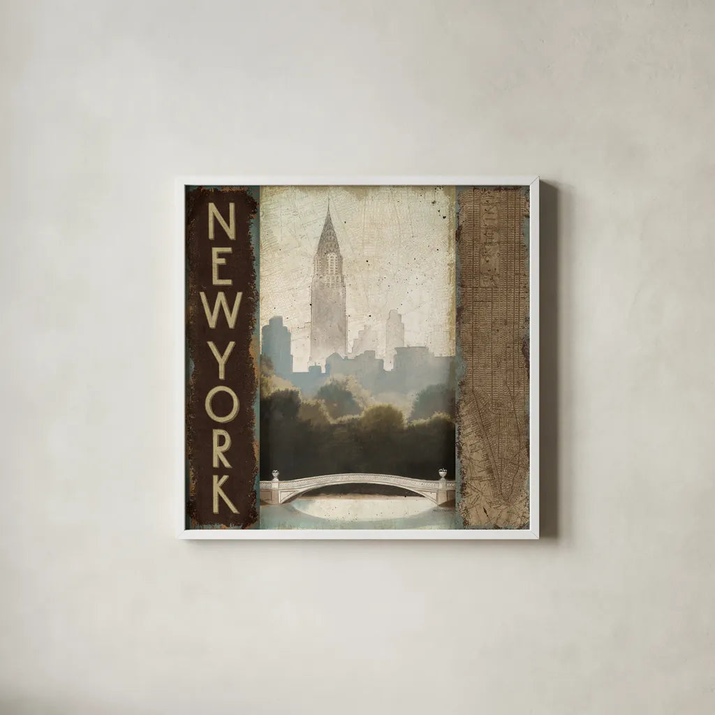City Skyline New York Vintage Square by Marco Fabiano. Shown in a crisp white glass frame for a clean and minimalist style. Available as an archival giclee rolled canvas, fine art paper, or poster print. SKU 12980a.