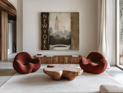City Skyline New York Vintage Square by Marco Fabiano. Shown as extra-large giant wall art in a modern living room. Available as an archival giclee rolled canvas, fine art paper, or poster print. SKU 12980a.