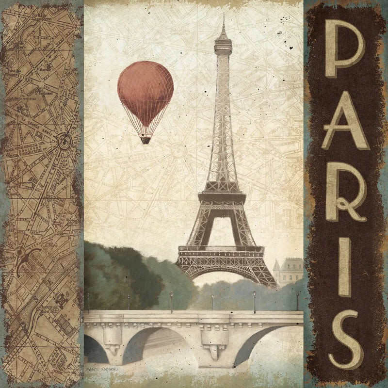 City Skyline Paris Vintage Square by Marco Fabiano. SKU 12981a. Archival Giclee Fine art print for wall decor.