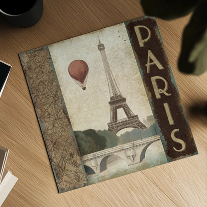 City Skyline Paris Vintage Square by Marco Fabiano. Shown as a detailed flat fine art print, highlighting archival giclee quality. Available as an archival giclee rolled canvas, fine art paper, or poster print. SKU 12981a.