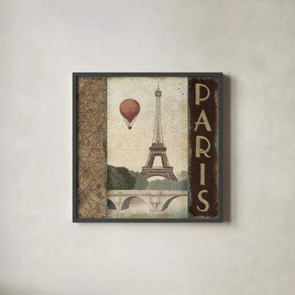 City Skyline Paris Vintage Square by Marco Fabiano. Shown in a sleek black glass frame for a contemporary gallery look. Available as an archival giclee rolled canvas, fine art paper, or poster print. SKU 12981a.