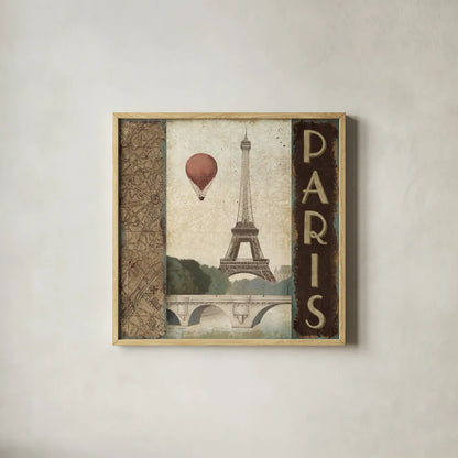 City Skyline Paris Vintage Square by Marco Fabiano. Shown in a natural wood glass frame for a timeless modern aesthetic. Available as an archival giclee rolled canvas, fine art paper, or poster print. SKU 12981a.