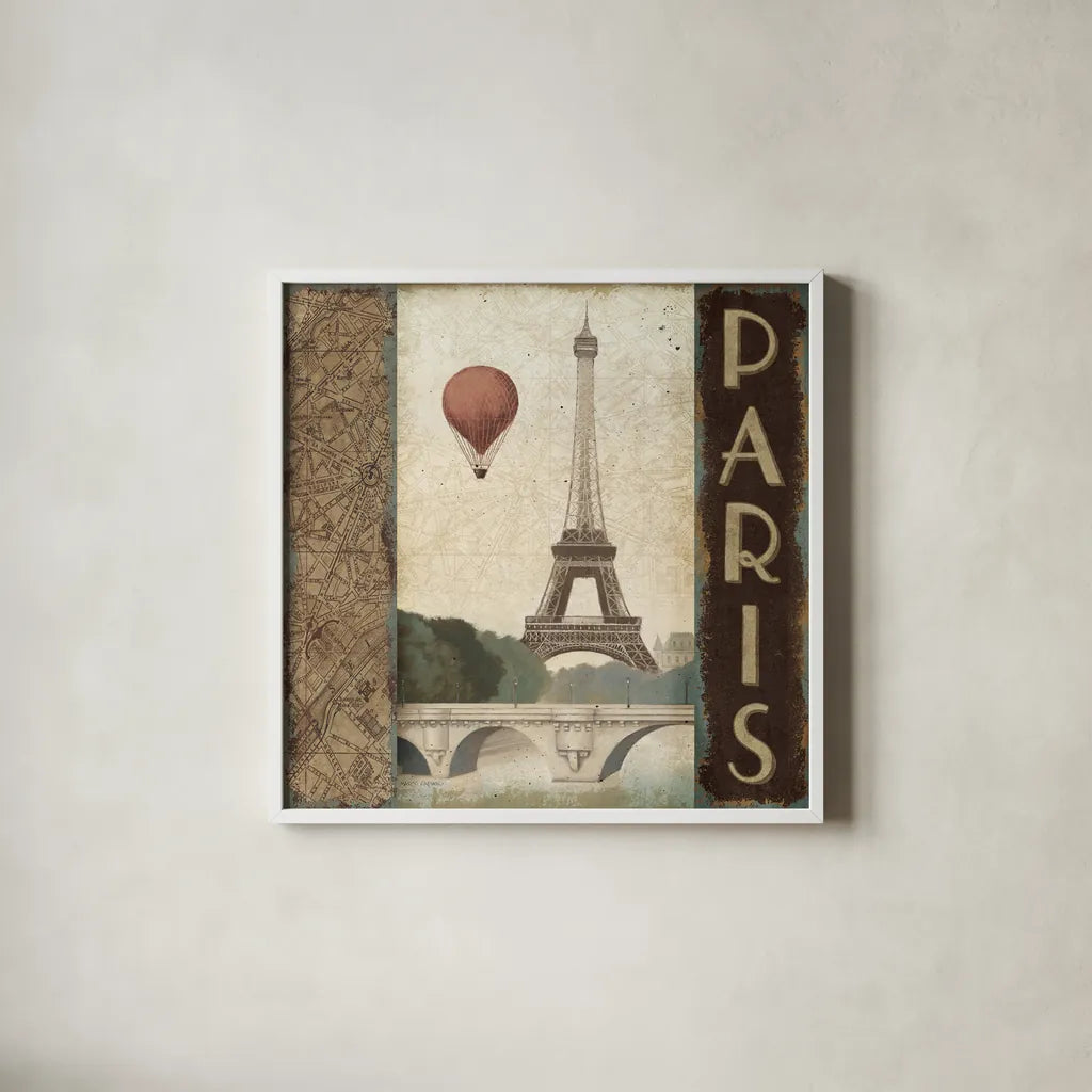 City Skyline Paris Vintage Square by Marco Fabiano. Shown in a crisp white glass frame for a clean and minimalist style. Available as an archival giclee rolled canvas, fine art paper, or poster print. SKU 12981a.