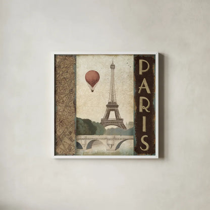 City Skyline Paris Vintage Square by Marco Fabiano. Shown in a crisp white glass frame for a clean and minimalist style. Available as an archival giclee rolled canvas, fine art paper, or poster print. SKU 12981a.