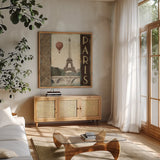 City Skyline Paris Vintage Square by Marco Fabiano. Shown in a natural wood frame in a cozy modern living room. Available as an archival giclee rolled canvas, fine art paper, or poster print. SKU 12981a.