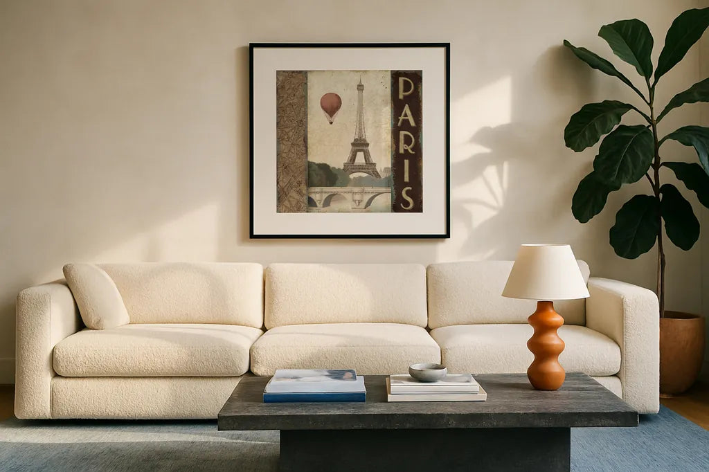 City Skyline Paris Vintage Square by Marco Fabiano. Displayed in a glass frame with matte in a clean modern living room. Available as an archival giclee rolled canvas, fine art paper, or poster print. SKU 12981a.