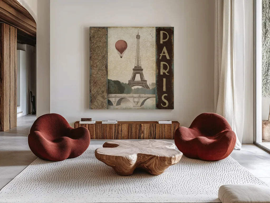 City Skyline Paris Vintage Square by Marco Fabiano. Shown as extra-large giant wall art in a modern living room. Available as an archival giclee rolled canvas, fine art paper, or poster print. SKU 12981a.