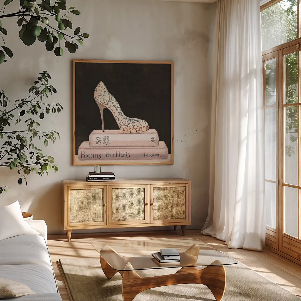 City Style Square I on Black no Words by Marco Fabiano. Shown in a natural wood frame in a cozy modern living room. Available as an archival giclee rolled canvas, fine art paper, or poster print. SKU 32626a.