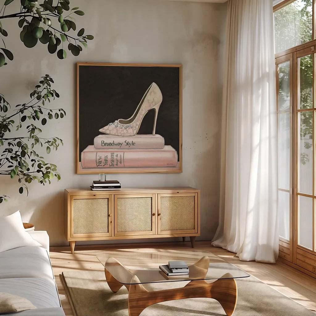 City Style Square II on Black no Words by Marco Fabiano. Shown in a natural wood frame in a cozy modern living room. Available as an archival giclee rolled canvas, fine art paper, or poster print. SKU 32627a.