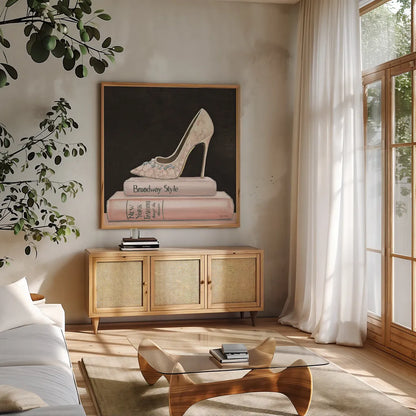 City Style Square II on Black no Words by Marco Fabiano. Shown in a natural wood frame in a cozy modern living room. Available as an archival giclee rolled canvas, fine art paper, or poster print. SKU 32627a.