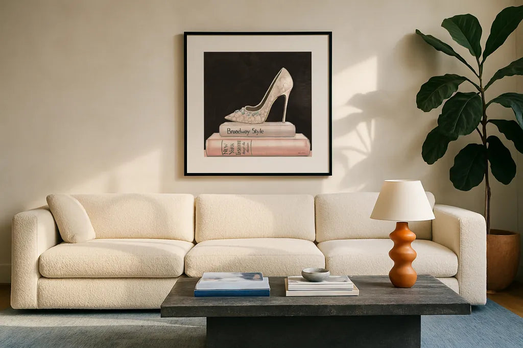 City Style Square II on Black no Words by Marco Fabiano. Displayed in a glass frame with matte in a clean modern living room. Available as an archival giclee rolled canvas, fine art paper, or poster print. SKU 32627a.