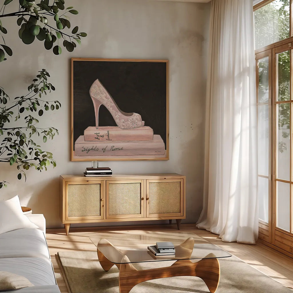 City Style Square III on Black no Words by Marco Fabiano. Shown in a natural wood frame in a cozy modern living room. Available as an archival giclee rolled canvas, fine art paper, or poster print. SKU 32628a.