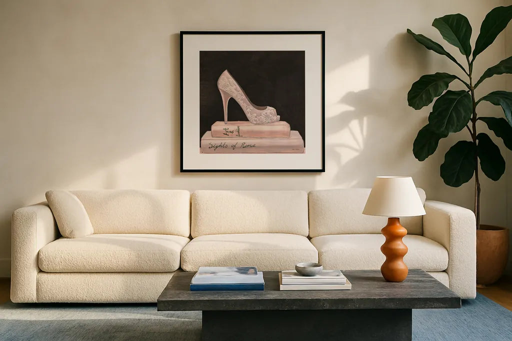 City Style Square III on Black no Words by Marco Fabiano. Displayed in a glass frame with matte in a clean modern living room. Available as an archival giclee rolled canvas, fine art paper, or poster print. SKU 32628a.